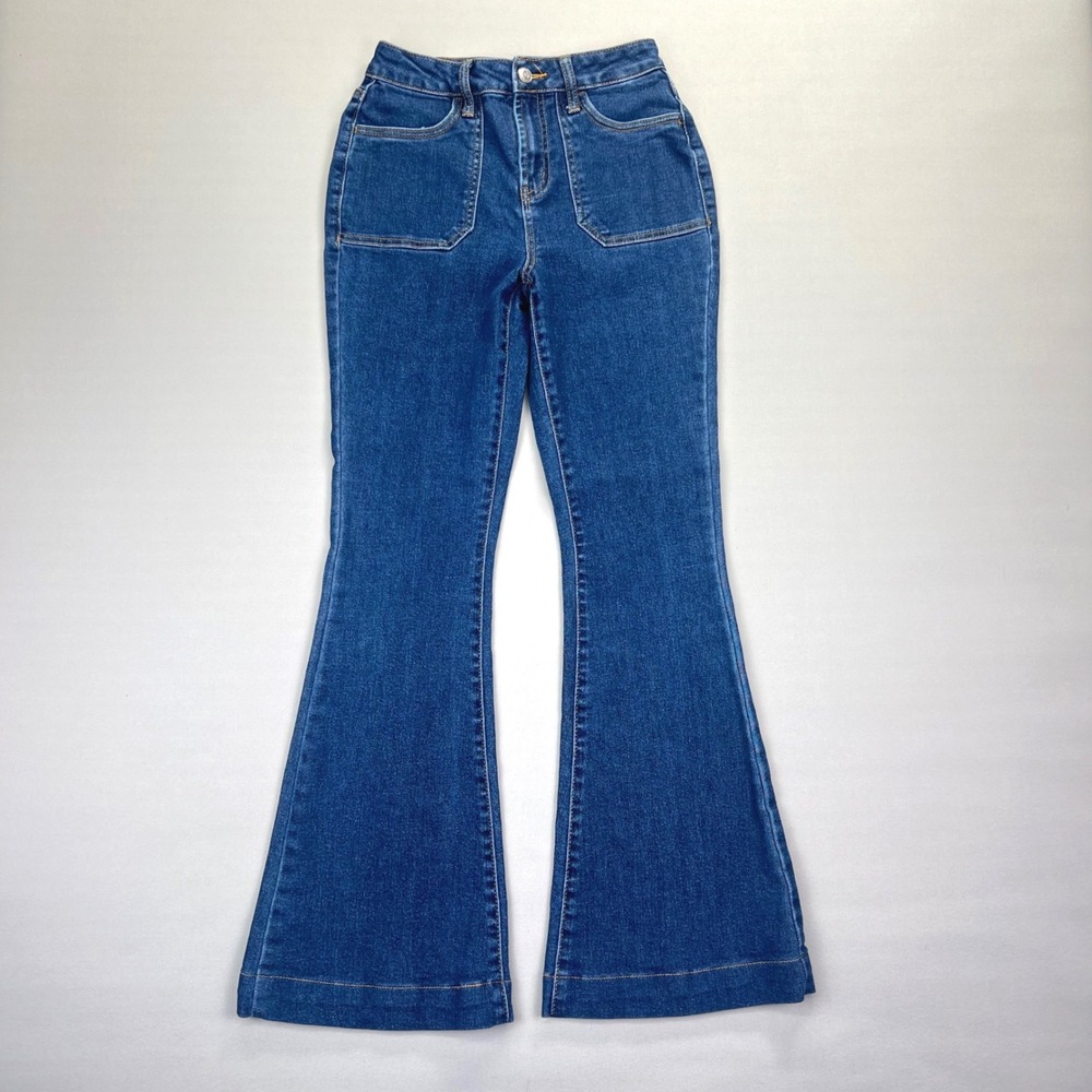 Altar'd State High Rise Flare Jeans Size 24 Stretch Blue Denim Retro Bell Bottom